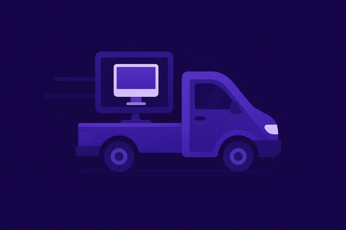 Illustration: Lieferwagen mit einem Computer auf der Ladefläche