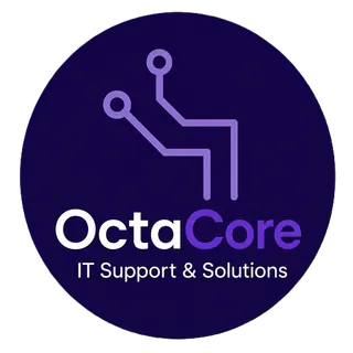 OctaCore-Logo: Leiterbahnen mit zwei Lötaugen über dem Schriftzug OctaCore