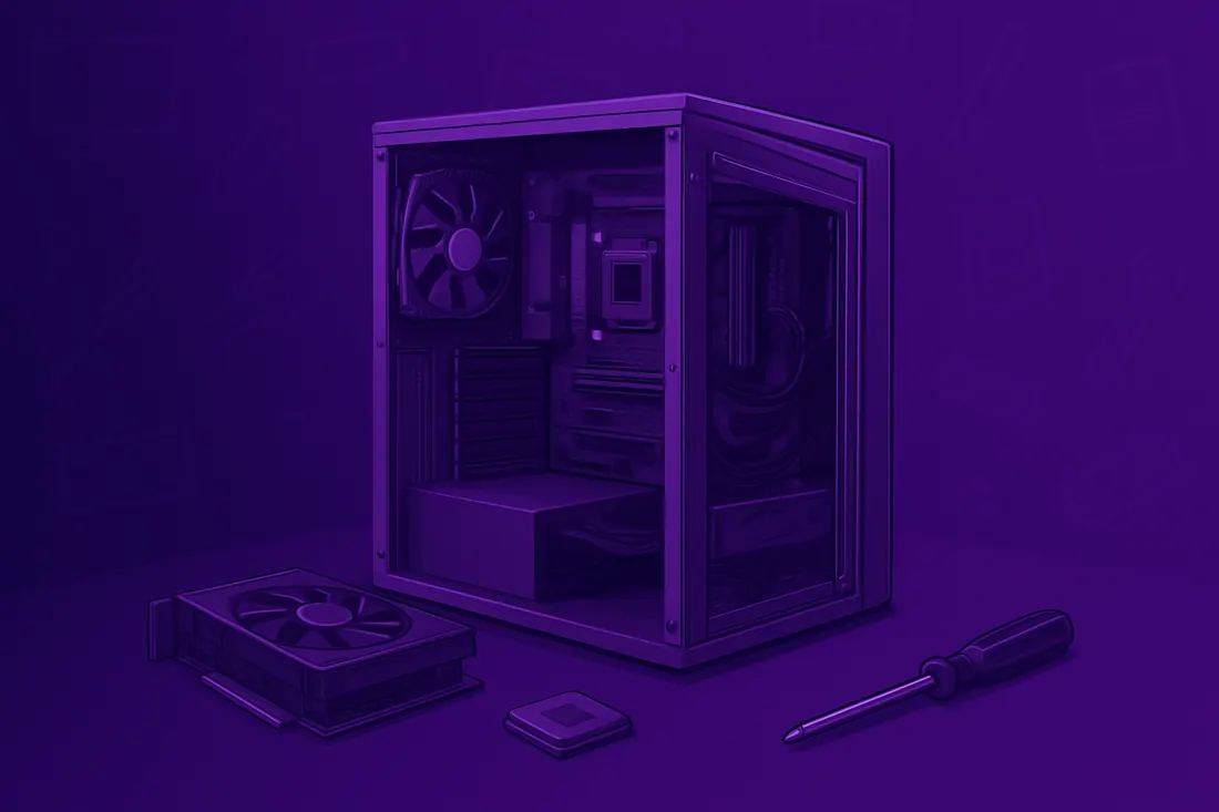 Illustration: offenes PC-Gehäuse, daneben Grafikkarte, Prozessor und Schraubendreher