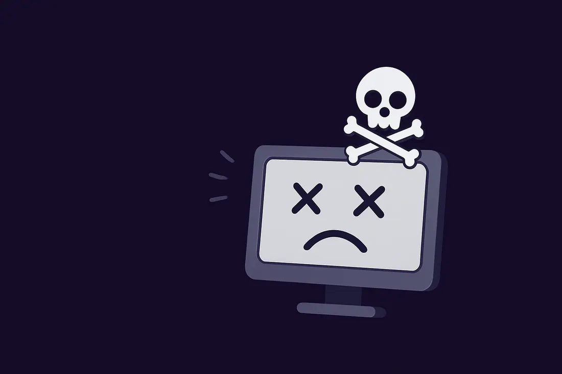 Illustration: Bildschirm mit traurigem Gesicht und Totenkopf – defekter Computer